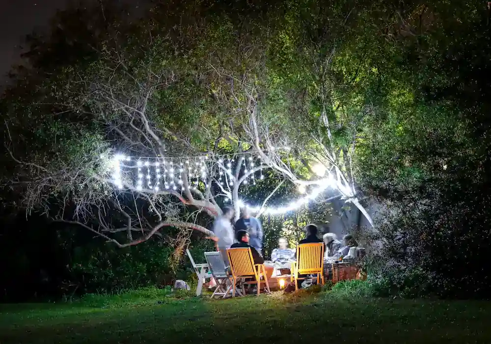Terrasse éclairée sous un grand arbre, le soir